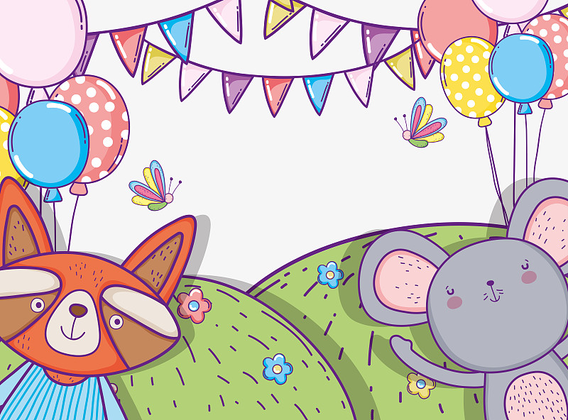 koala and raccoon happy birthday with party banner预览效果