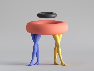 3d渲染，原始多彩的几何形状:红色的圆环，黑色的甜甜圈，黄色和蓝色的腿，孤立在白色的背景。现代时尚搞