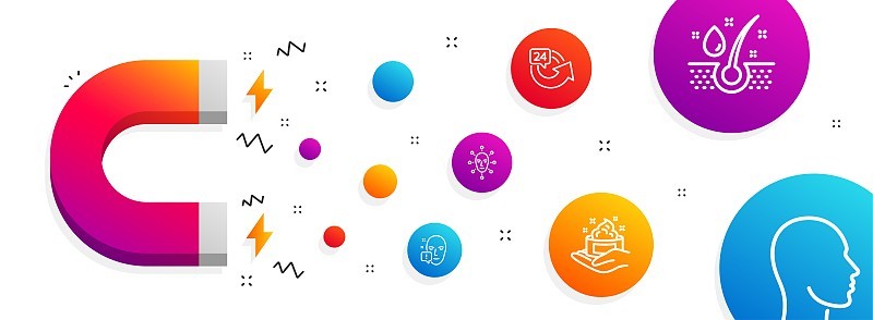 24 hours, Face attention and Skin care icons set. 