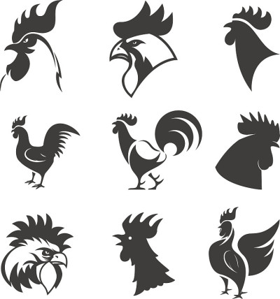 一组公鸡图标。鸡的头。设计元素