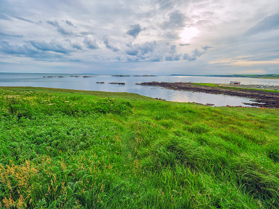 风景优美的海滩，岩石和草在波特拉什海岸，在夏天的上午时间，北爱尔兰