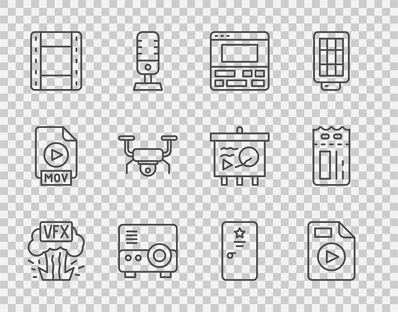 设置线VFX, AVI文件文件，笔记本电脑上的录像机，媒体投影仪，播放，无人机飞行，后台和电影票图标