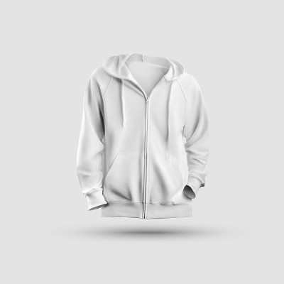 模型白色帽衫的3D渲染与拉链，口袋和引擎盖上的拉绳，孤立的背景，前视图。