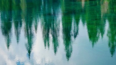 山和树倒映在清澈的湖水