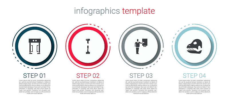 设置金属探测器，人体骨折，博物馆导游和恐龙头骨。业务信息模板。向量