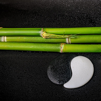 象征阴阳和天然竹子的温泉静物