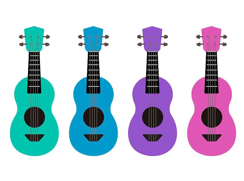 Set of flat multicolor cartoon ukulele. Hawaiian m