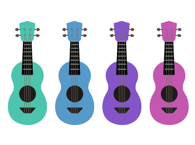 Set of flat multicolor cartoon ukulele. Hawaiian m