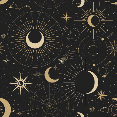 魔术无缝矢量模式与太阳，星座，月亮和星星。黄金装饰点缀。星象学，秘传，塔罗牌，神秘和魔术的图形图案。