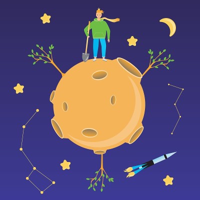 行星，小王子，猴面包树作为一本书情节，爱的概念，平面矢量股票插图与一个小王子作为一本书的人物，童话情