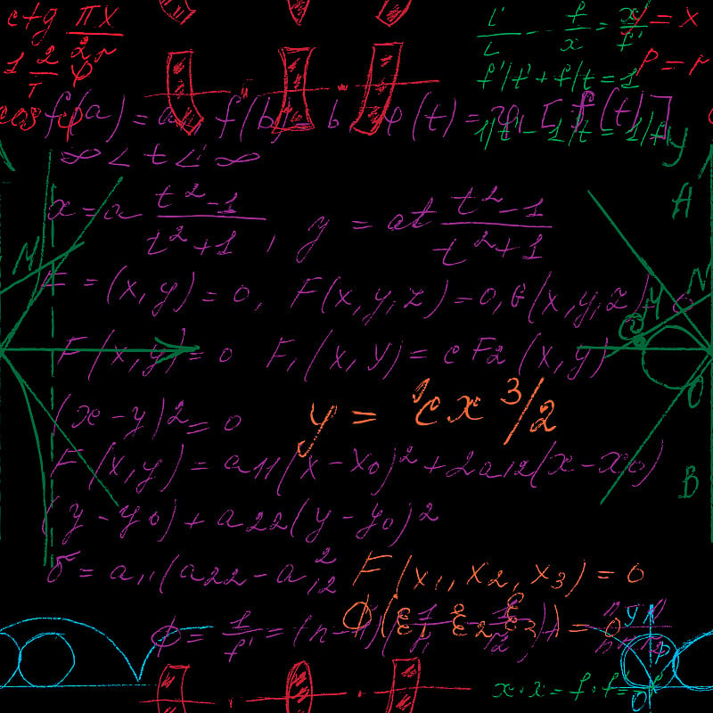 无缝无尽的图案背景用手写的数学公式，数学关系或符号规则表示，各种运算如加减乘除