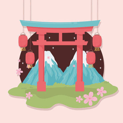 富士山灯笼和门