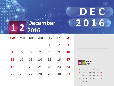 2016年12月日历