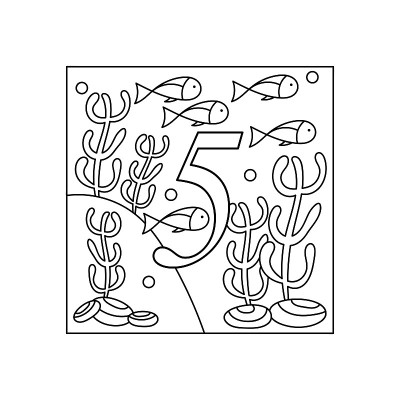 儿童涂色书，数字。五个教育和娱乐。水下世界。颜色和数量