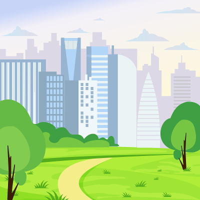 大商业城市背景上的绿色公园景观矢量插画，平面卡通风格。