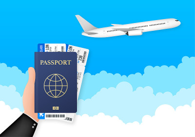 旅游护照。护照在手里。男人手里拿着文件。矢量插图。