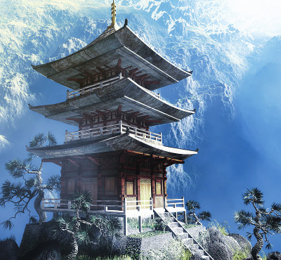 迷雾之夜的佛教禅寺
