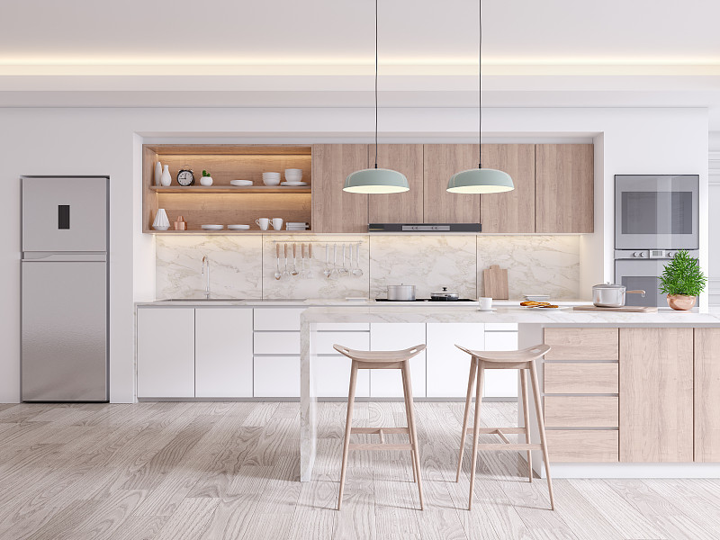 优雅的现代厨房室内，空旷的空间。3drender