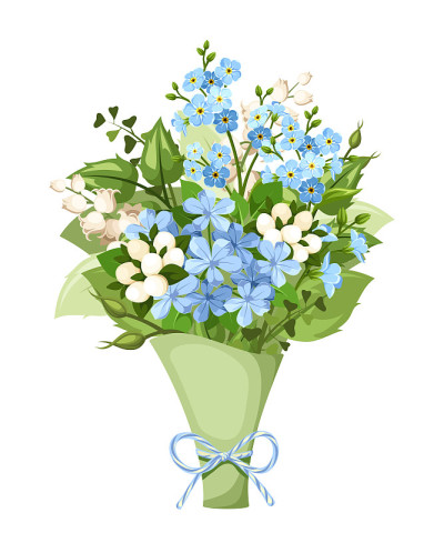 一束蓝色和白色的花。矢量插图。