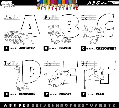 教育卡通字母集从A到F的彩色书页
