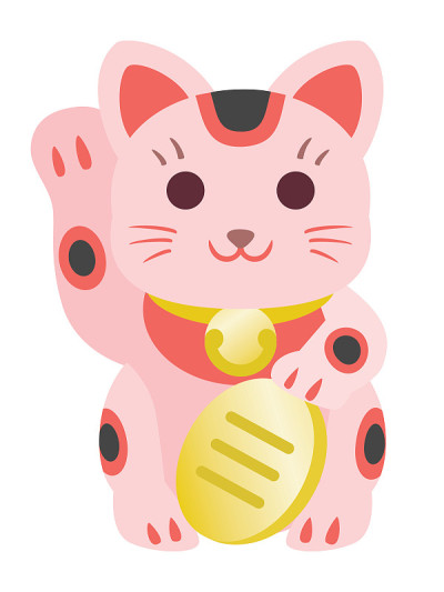 插图粉红色招手猫与椭圆形金币。