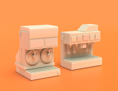 白色塑料饮料机和汽水机黄橙色背景，单色，单色，3d渲染