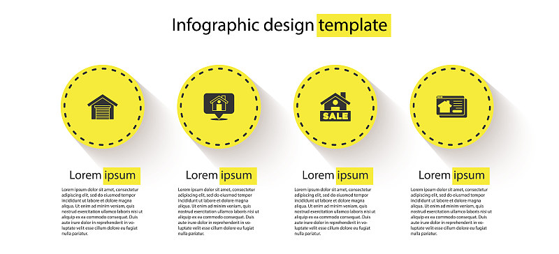 设置车库，位置与房子，挂招牌出售和在线房地产。业务信息模板。向量