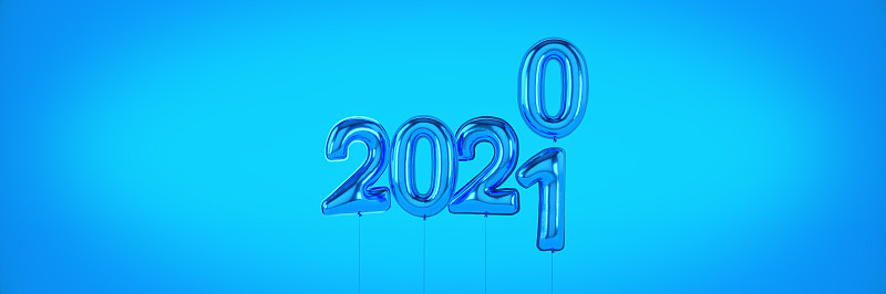 2021年新年快乐的数字。氦气球，铝箔号。2021年圣诞节气球。三维渲染