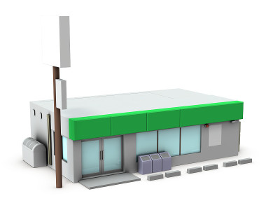 便利店的外观。白色背景。3 d渲染。