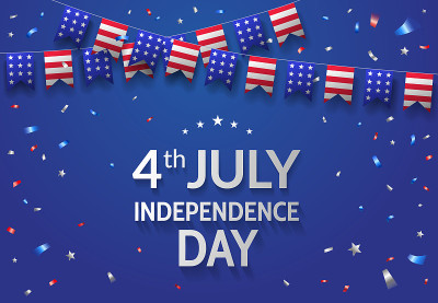 7月4日独立日庆祝横幅与旗帜和纸屑在蓝色背景。——矢量