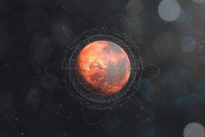 在红色星球火星上寻找生命迹象的卫星。火星视图从空间与几何网络多边形图形和连接线。探索火星这颗红色星球