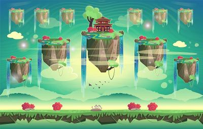 中国避暑宝塔在一座山上。卡通矢量插图。无缝的电脑游戏背景