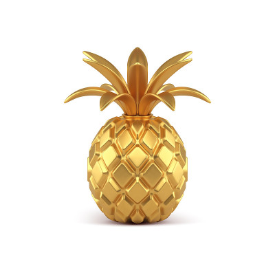 金色3d菠萝矢量插图。由黄色贵重金属铸成的奇异水果，带有弯曲的叶子装饰