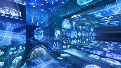 数字网络技术AI 5G数据通信概念3D插图背景