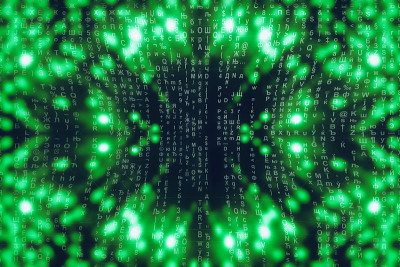 绿蓝矩阵数字背景。抽象的网络空间的概念。人物倒了。来自符号流的矩阵。虚拟现实设计。复杂的算法数据黑客