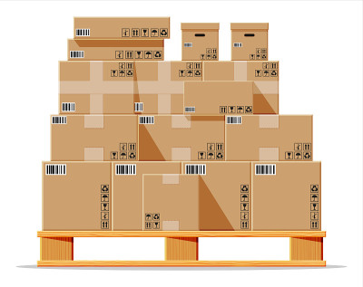 Cardboard boxes pile on wooden pallet isolated