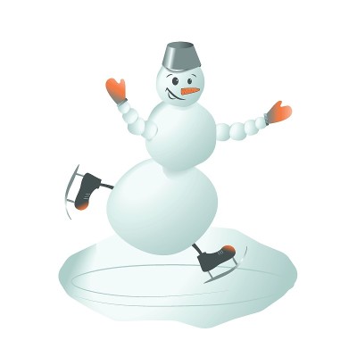 一个快乐的雪人头上顶着一个桶，穿着溜冰鞋快乐地滑行