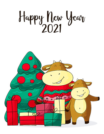 2021新年快乐儿童插画。中国新年牛年2021年