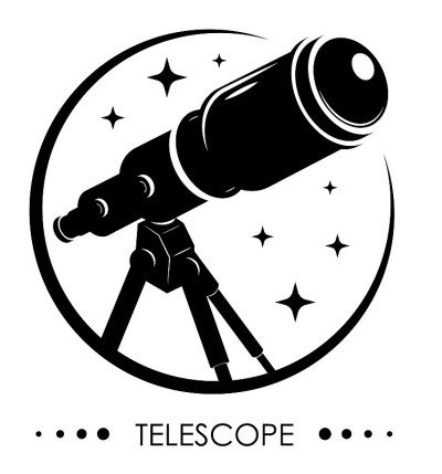 用于观测空间、恒星和太阳系行星的三脚架望远镜。太空探索。在白色背景上的黑色和白色向量