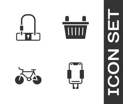 Set Mobile holder, Bicycle lock, and basket icon. 