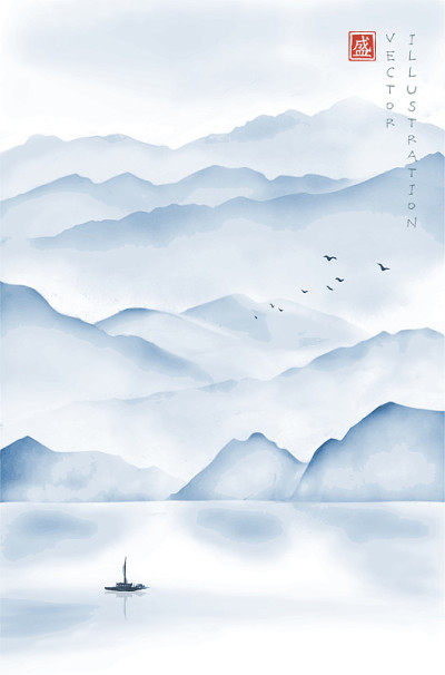Landscape with misty mountains, fishing boat and f