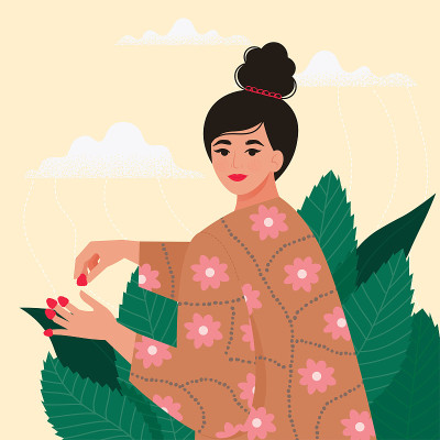 女人摘下覆盆子。园艺，有机食品，夏季时间概念。矢量插图在平面风格