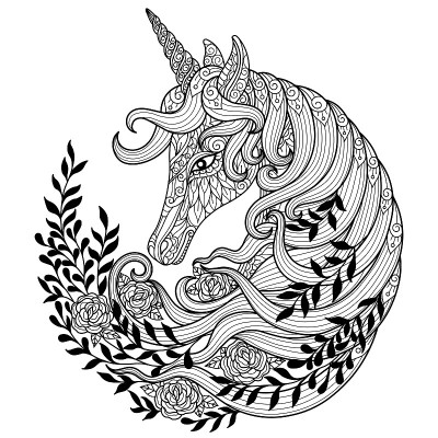 独角兽与花的成人着色页，插图风格。