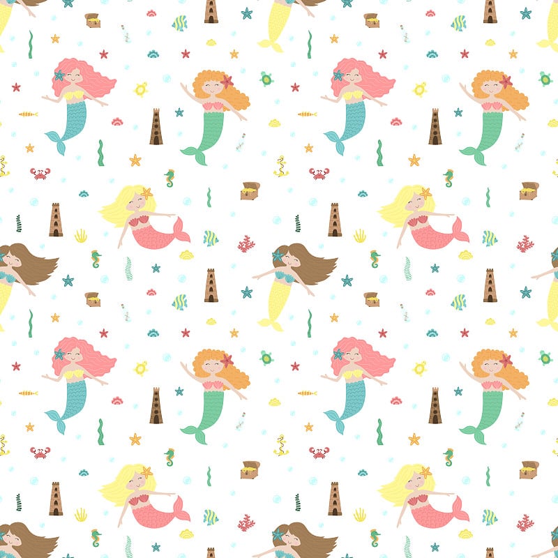 Seamless summer pattern with cute mermaids, castle