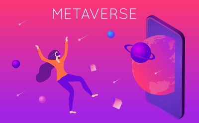 PrintMetaverse数字虚拟现实和增强现实技术，女性戴着虚拟现实头戴眼镜连接虚拟空间和宇宙矢