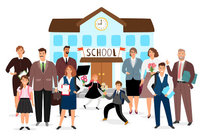 教学楼，师生矢量插图