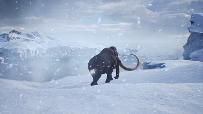 一只巨大的猛犸象正沿着积雪覆盖的冰川行走。冬季自然条件下巨大的高冰川。北极冬季景观。3 d渲染。