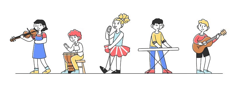 可爱的孩子在学校音乐节平面矢量插图