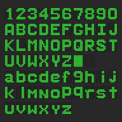绿色LED数字英文大写，小写字体，数字显示在黑色背景