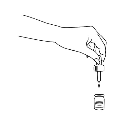 一只手拿着滴管和一滴滴管。矢量插图。涂鸦